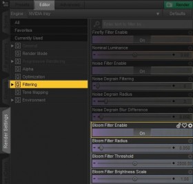 Screenshot of the Render Settings interface in Daz Studio Iray, showing how to enable bloom/glow effects during render.