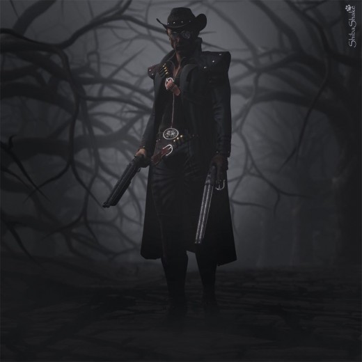 Undead gunslinger with two large guns, wearing a cowboy hat, and long dark coat. He is standing on a road surrounded by spooky dark trees.