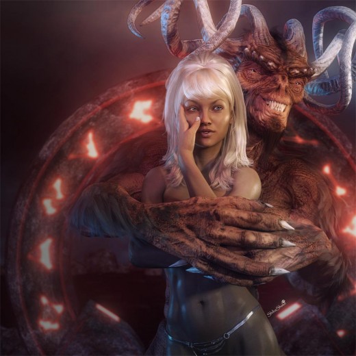 White haired fantasy girl being embraced from behind by a smiling horned Devil. Red portal with glowing letters in the background.