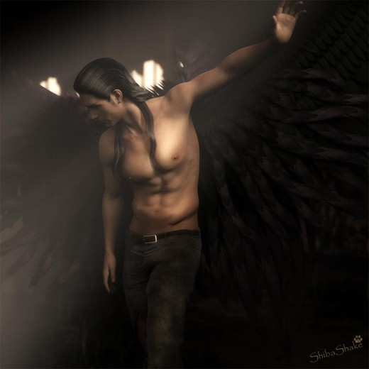 An angel with black wings turning away from a beam of light.