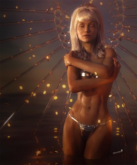 White haired fantasy water angel, with water wings and standing in the sea. She is hugging herself and is surrounded by fireflies.