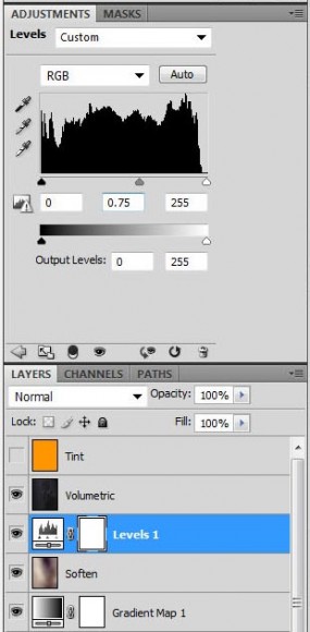 Photoshop screenshot of our layer stack after adding the Levels adjustment layer for increasing contrast.
