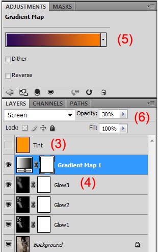 Photoshop screenshot of the Gradient Map adjustment layer, and how we set the color range to Violet,Orange in the Adjustments menu above.