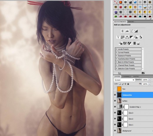 Asian girl with pearls pin-up image after applying Gaussian Blur and Volumetric lights softening effects.