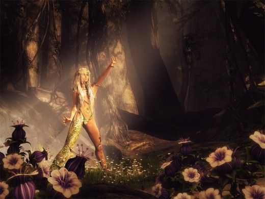 Forest dryad calling in a light beam to rejuvenate the plants and encourage new growth.