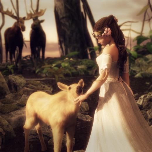 Fantasy art of a girl in a white dress and flowers in her hair bidding farewell to a baby moose that she has rescued. The proud moose parents are in the background.
