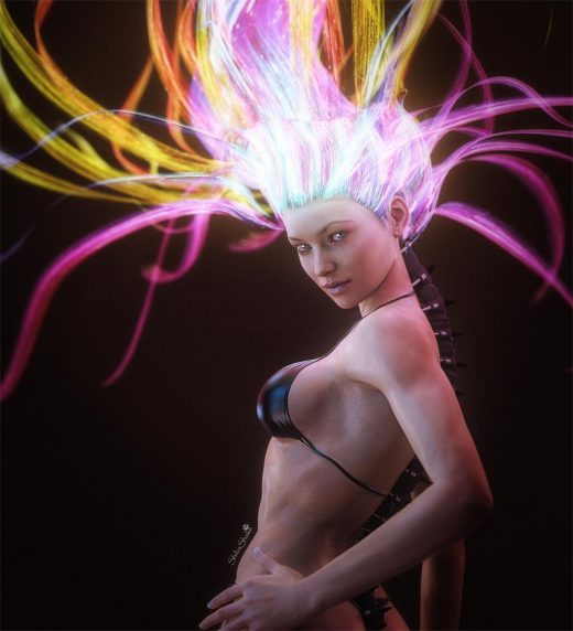 Fantasy girl in pin-up pose with colorful light emitting hair. She is wearing a black bikini set against a black background.