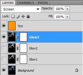 Photoshop layer stack for adjusting my hair glow layer. In this case, I only enable the Glow 3 layer and set its opacity to 100%.
