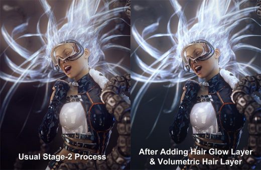 Image comparison of how things look after adding in our Hair Glow Layer and Volumetric Hair Layer.