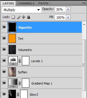 Photoshop screenshot of our layer stack after adding tint and a vignette layer.