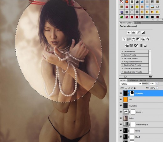 Photoshop screenshot of how to create a vignette layer to highlight certain parts of our image.