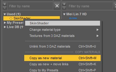 Daz Studio Octane screenshot of how to copy our SkinShader material so that we can create separate ones for the torso and arms.