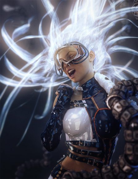 Sci-Fi girl in dynamic shouting pose with bright light emitting hair. Futuristic metal tentacles are around her.