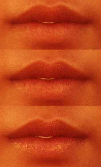 Three comparison images of a lady's lips with different roughness settings in our Specular Material.