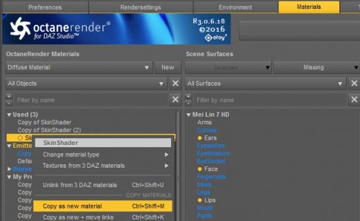 Daz Studio Octane Material tab interface, showing how we copy a new material.