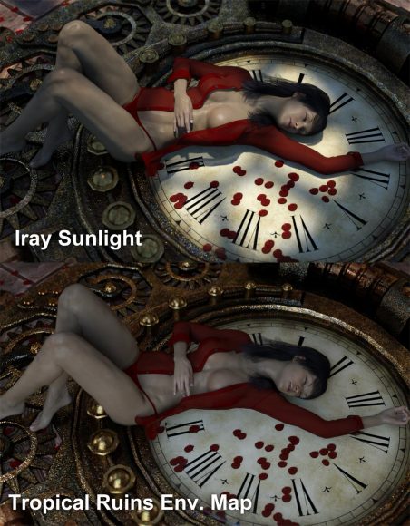 Two images comparing the Daz Studio Iray sunlight with an Environment Map.