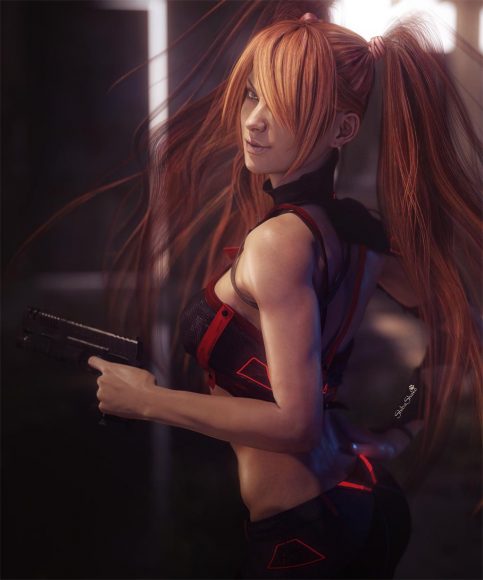Redhead woman with large hair tails smiling and holding a gun, inside an abandoned warehouse.