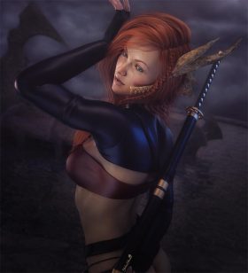 Red haired girl warrior with katana sword strapped to her back, in front of a fantasy structure and water.