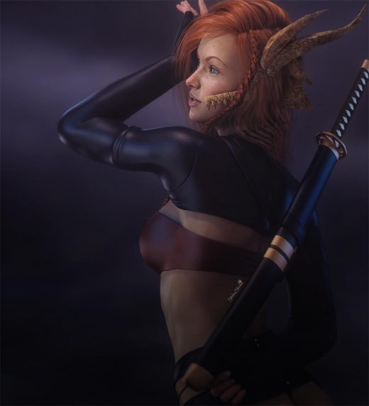 Side view of red-head warrior girl with sword strapped to her back.