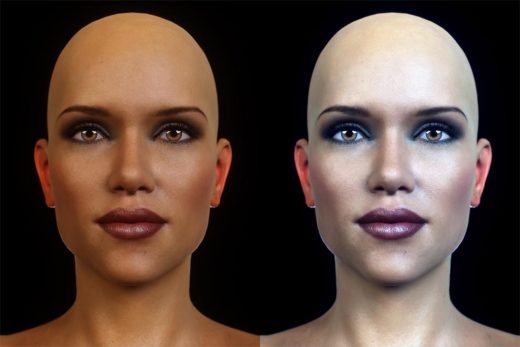 Two portrait shots. Left - Octane rendered image without any postwork; Right - Finished image after postwork in Photoshop.