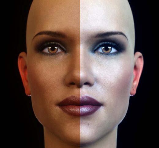 Comparison of our postworked image with the original render. The left half of our woman's face shows the original render and the right half shows our postworked version.