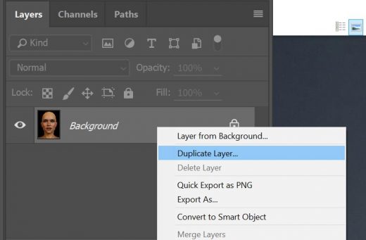 Photoshop screenshot of how to duplicate the background layer.
