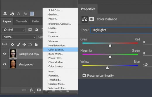 Screenshot showing how to create a new Color Balance adjustment layer, and how to adjust settings for that layer.