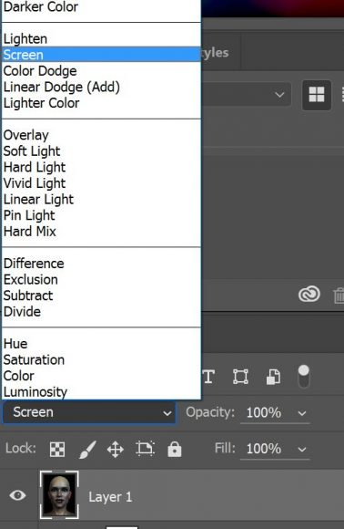 Screenshot showing how to set our layer Blending Mode to Screen.