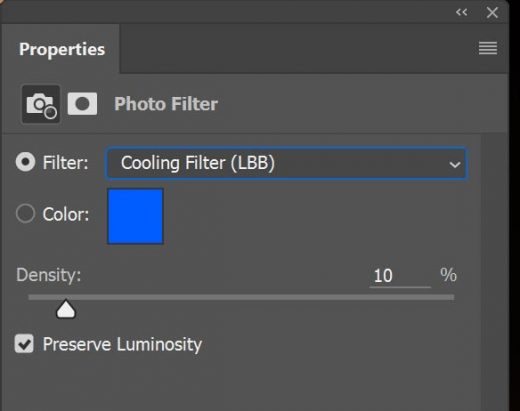 Screenshot showing the settings of our Photo Filter adjustment layer.