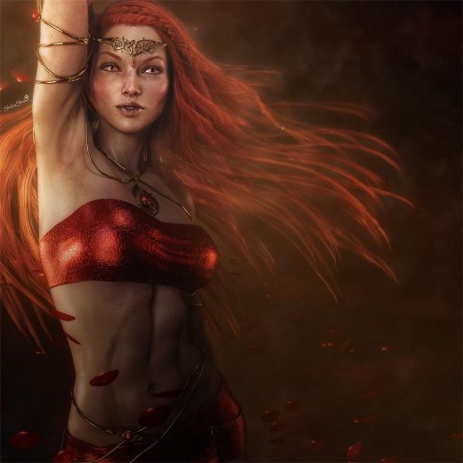 Fantasy woman with flowing red hair, golden circlet, and golden cords. Red petals blowing around her.