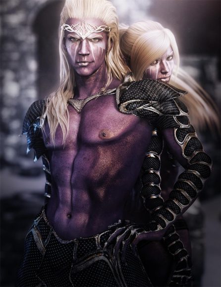 Dark elf couple with white hair and white face markings. The elf man is in front and the elf girl is standing slightly behind him.