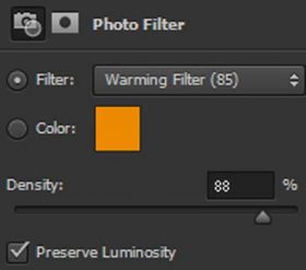 Screenshot of Photoshop warming layer filter interface.