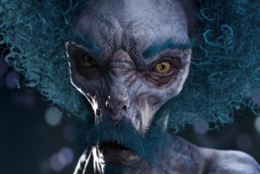 Portrait of a purple mean-looking alien with blue mustache, eyebrows, and afro hair.