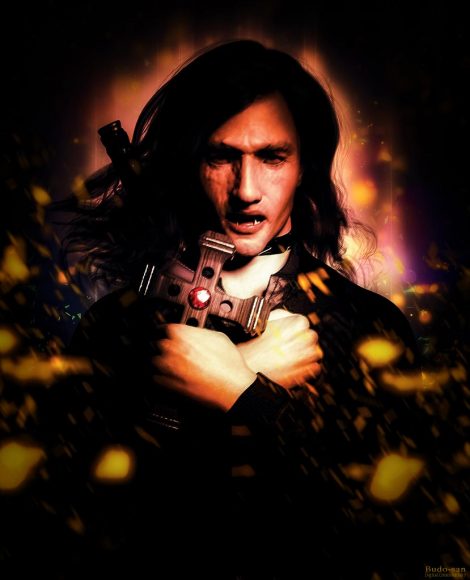 Dark-haired handsome man with fangs holding a cross. Gothic. Dracula.