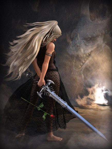 Strength combined with beauty and vulnerability. Sword vs rose, dress vs sword, dragon vs. girl