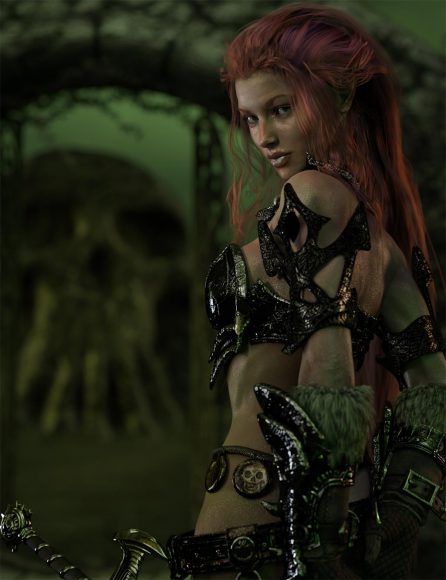 Picture of redhead warrior girl with armor and sword with all light layers combined. Fantasy Art.