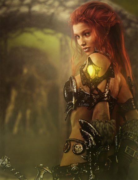 Fantasy red head woman warrior after we add sharpening, softening, mist, glow, and other Photoshop adjustments and effects.