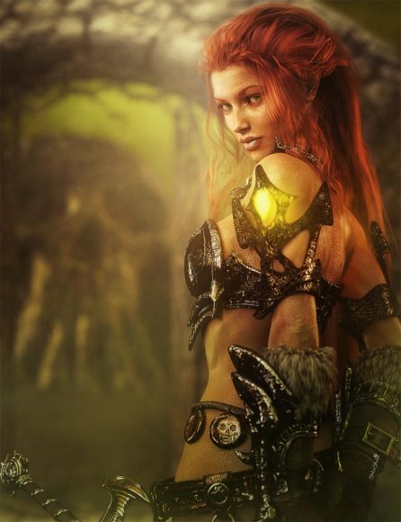 Red head warrior woman with armor and sword looking over her shoulder. Gate and skull mountain in the backdrop.