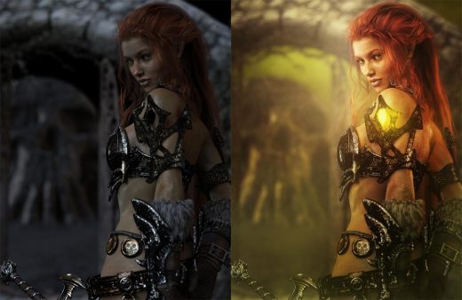 Pre and post-work images to a red head warrior woman with armor and sword. Fantasy Art.