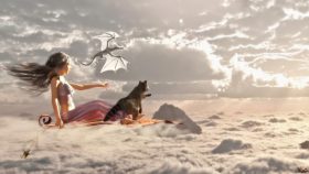 Girl flying above the clouds on a flying carpet with a raccoon and dragon by her side.