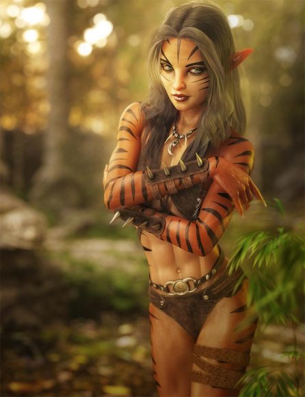 Cute cat girl fantasy pin-up art with folded arms and standing in a forest or woods. Fantasy art rendered in Daz Studio Iray.