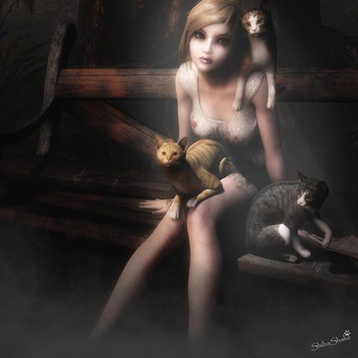 A sad and vulnerable zombie girl sitting with multiple cats on a bench. Fantasy Halloween art rendered in Daz Studio - 3Delight.