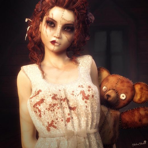 A more sad and vulnerable zombie girl with her teddy-bear and the same stitches and patches skin. Halloween fantasy art rendered using Daz Studio 3Delight.