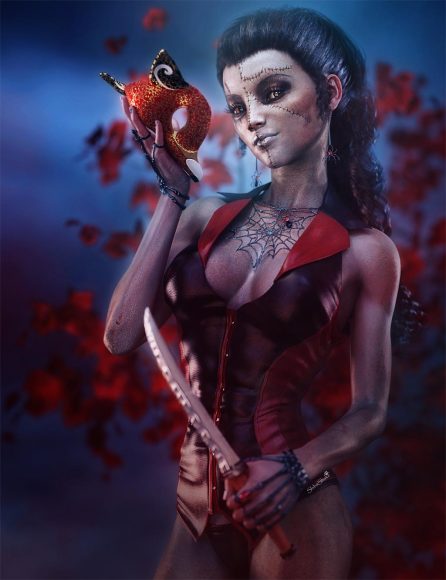 Sexy and dangerous, dark haired zombie girl with mask and knife. Halloween fantasy art rendered using Daz Studio Iray.