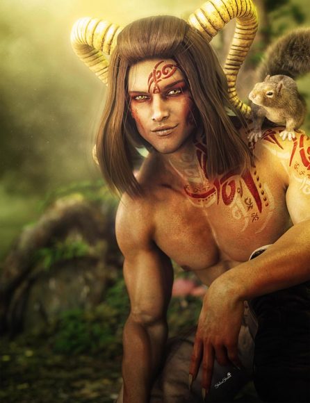 Fantasy satyr man with horns and tattoos, as well as a cute squirrel on his shoulder. Forest or woods background environment. Fantasy art rendered in Daz Studio Iray.