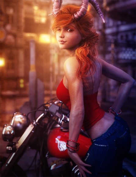 Red-haired girl pin-up with horns standing next to a motorcycle. Using the snake skin texture of FWSA Dayanara.