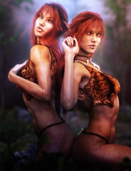 Two red-head pin-up girls standing back to back, one with the natural Dayanara skin option (left) and another with the Dayanara snake skin option (right).