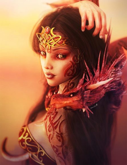 Fantasy Woman portrait of a dark-haired girl with tattoos and a red dragon of her shoulder.
