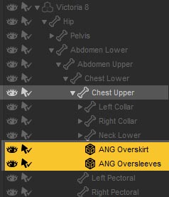 Screenshot of Daz Studio Scene tab with both Angeloi Overskirt and Angeloi Oversleeves parented to Chest Upper of our Genesis 8 figure.