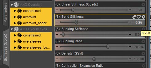Daz Studio screenshot of the Surfaces >Editor pane. Here we select all surfaces and set their Bend Stiffness parameter to 0.25.